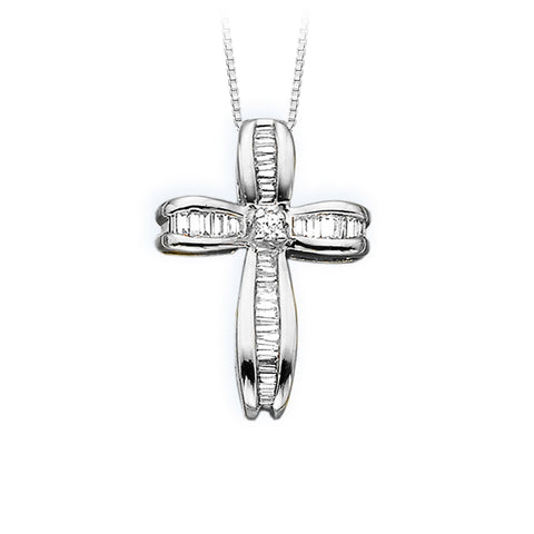 KATARINA Round and Baguette Cut Diamond Cross Pendant Necklace (3/8 cttw)