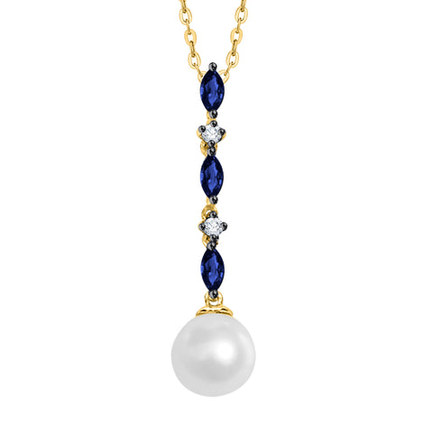 KATARINA 3/8 cttw Cultured Freshwater Pearl with Sapphire and Diamond Pendant Necklace