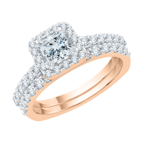 KATARINA 1 1/4 cttw Princess Cut and Round Diamond Halo Bridal Set