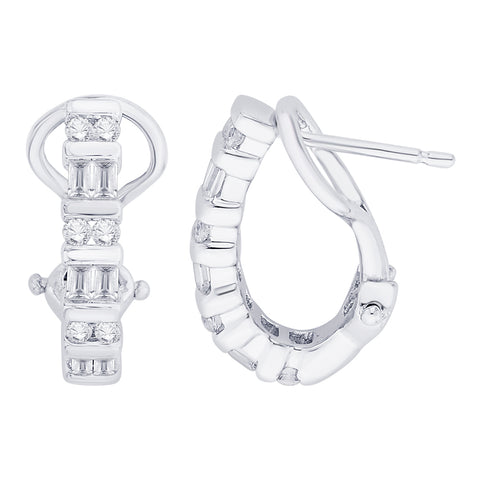 KATARINA Round and Baguette Cut Diamond J Hoop Earrings (1/2 cttw)
