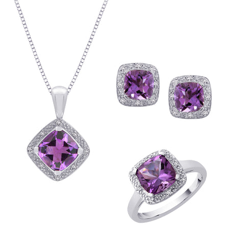 KATARINA Cushion Cut 8 1/3 ct. Amethyst and 1/5 ct. Diamond Square Halo Fashion Jewelry Set