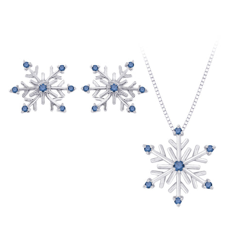 KATARINA 1/5 cttw Blue Diamond ''Snow Flake'' Earrings and Pendant Jewelry Set