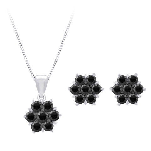 KATARINA Black Diamond Floral Earrings and Pendant with Chain Jewelry Set (1 3/8 cttw)