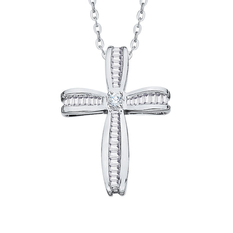 KATARINA Round and Baguette Cut Diamond Cross Pendant Necklace (3/8 cttw)