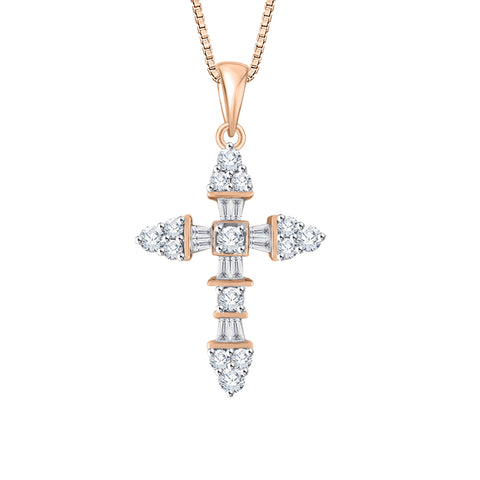 KATARINA Round and Baguette Cut Diamond Cross Pendant Necklace (1 cttw)