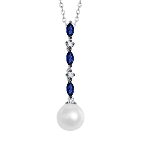 KATARINA 3/8 cttw Cultured Freshwater Pearl with Sapphire and Diamond Pendant Necklace