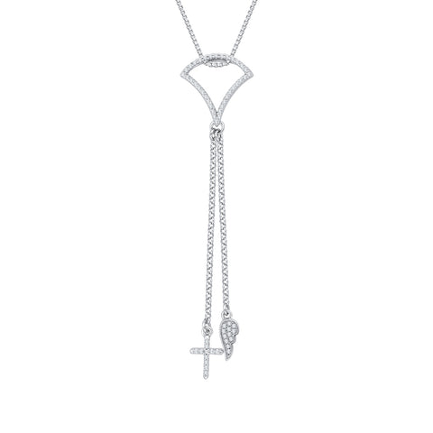 KATARINA Diamond Cross and Angel Dangle Pendant Necklace (1/4 cttw)