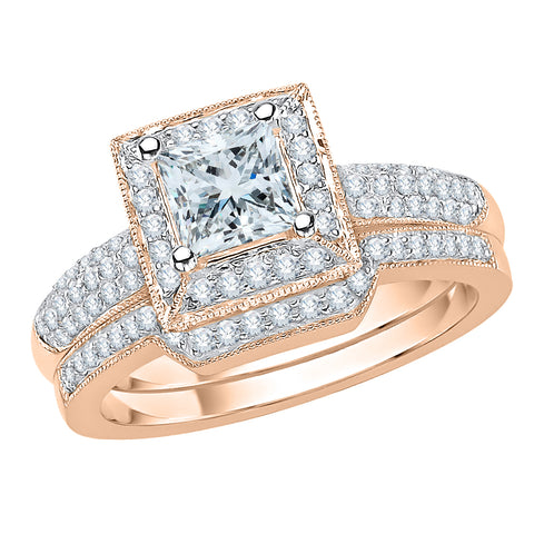 KATARINA Princess Cut Diamond Pave Set Halo Bridal Set (1 1/2 cttw, J-K, SI2-I1)