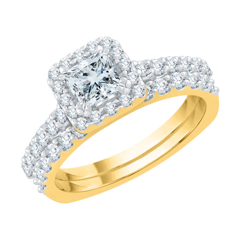 KATARINA 1 1/4 cttw Princess Cut and Round Diamond Halo Bridal Set