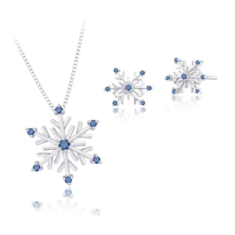 KATARINA Blue Diamond ''Snow Flake'' Earrings and Pendant with Box Chain Set (1/5 cttw)