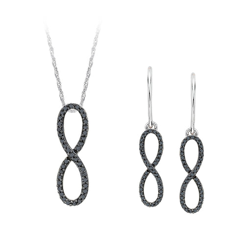 KATARINA Black Diamond Infinity Earrings and Pendant with Box Chain Set (1/2 cttw)