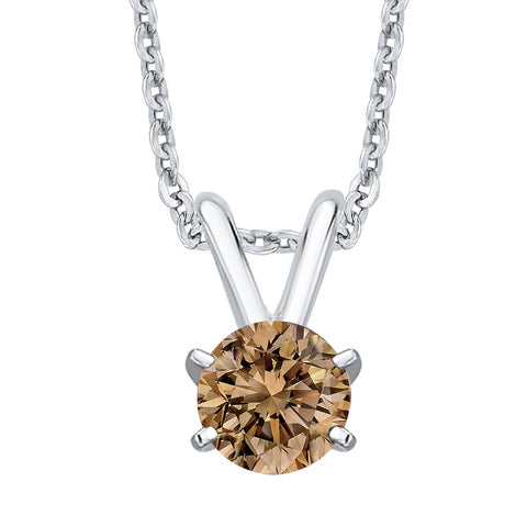 Brown / Champagne - I1 Round Brilliant Cut Diamond Solitaire Pendant Necklace
