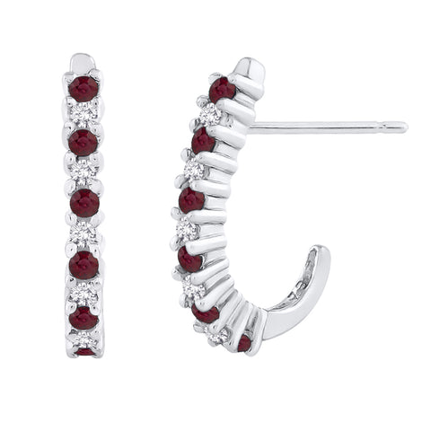 KATARINA Alternating Diamond with Ruby J-Hoop Earrings (1/3 cttw)