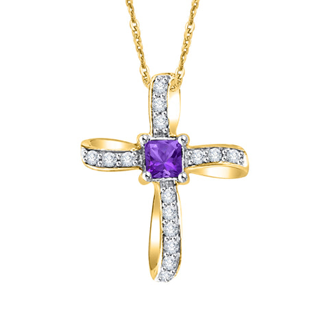 KATARINA Square Shaped Amethyst Diamond Cross Pendant Necklace (1/2 cttw)