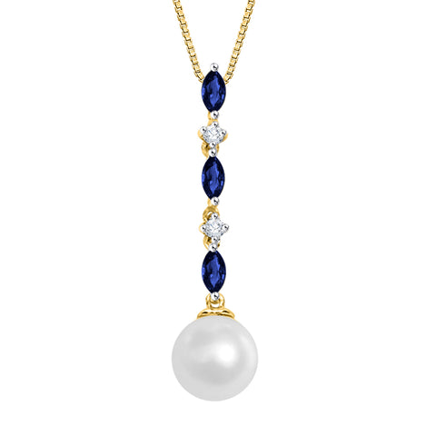 KATARINA 3/8 cttw Cultured Freshwater Pearl with Sapphire and Diamond Pendant Necklace