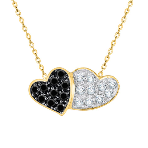 KATARINA Black and White Diamond Double Heart Pendant Necklace (1/10 cttw)