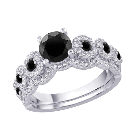 KATARINA Black and White Diamond Bridal Engagement Ring with Matching Band (1 2/3 cttw)