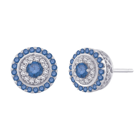KATARINA Blue and White Double Halo Diamond Fashion Earrings (7/8 cttw GH, I2/I3)