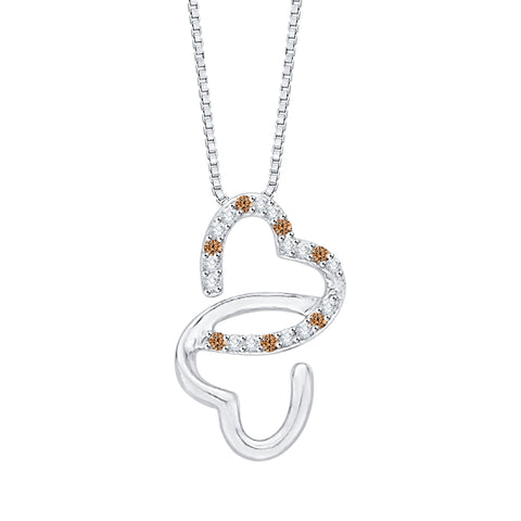 KATARINA Brown and White Diamond Double Heart Pendant Necklace (1/10 cttw)