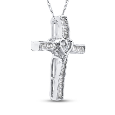KATARINA Round and Baguette Diamond Cross with Heart Pendant Necklace (1/5 cttw)