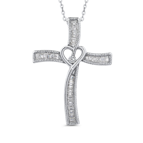 KATARINA Round and Baguette Diamond Cross with Heart Pendant Necklace (1/5 cttw)