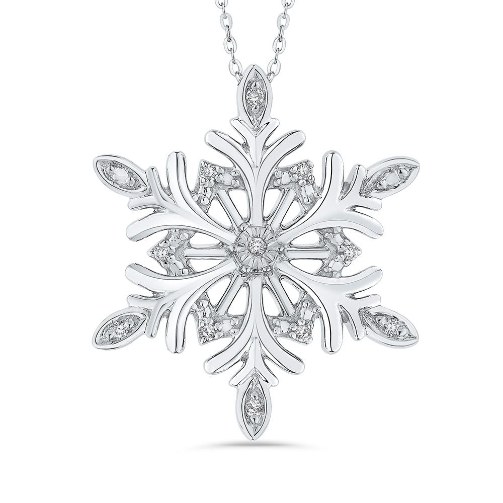Diamond Snowflake Necklace Winter Snow Holiday in Silver 1/10ct (I-J Color,  I3 Clarity), 17 inch - 16B6RC