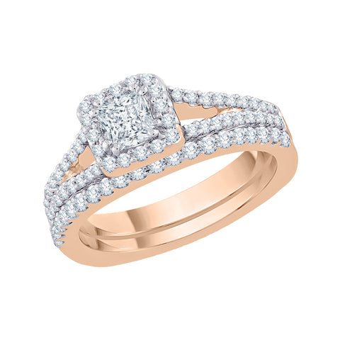 KATARINA 1 cttw Round and Princess Cut Lab Grown Diamond Halo Bridal Set in 14k Gold