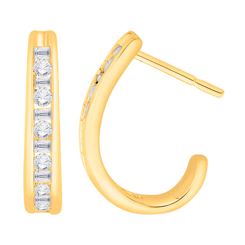 KATARINA Round and Baguette Cut Diamond J Hoop Earrings (1/2 cttw)