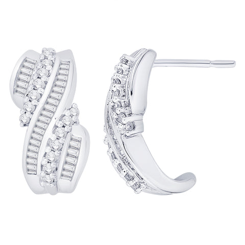 KATARINA Round and Baguette Cut Diamond J Hoop Earrings (1 cttw)