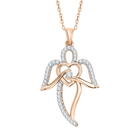 KATARINA Prong Set Diamond Angel with Heart Pendant Necklace (1/5 cttw)