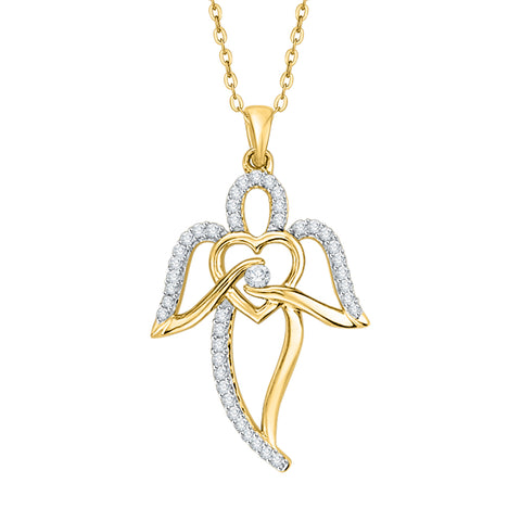 KATARINA Prong Set Diamond Angel with Heart Pendant Necklace (1/5 cttw)