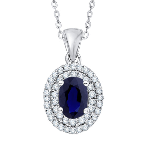 KATARINA Diamond and Oval Cut Sapphire Halo Pendant Necklace (1 1/3 cttw)