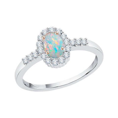 KATARINA Diamond and Oval Cut Opal Halo Engagement Ring (3/8 cttw)