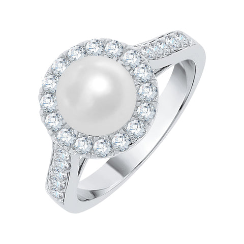 KATARINA 1/2 cttw Round Diamond and Pearl Engagement Ring