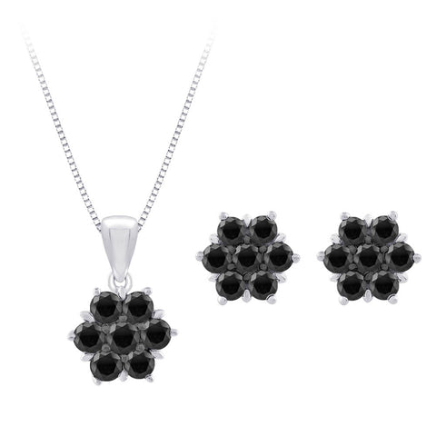 KATARINA Black Diamond Floral Earrings and Pendant with Box Chain, Set (1 3/8 cttw)